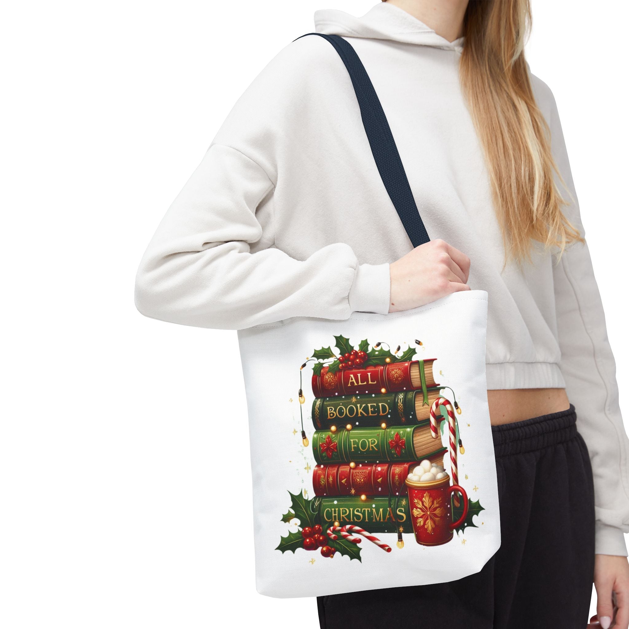 Christmas Book Lover Tote — "All Booked for Christmas" Holiday Canvas Bag