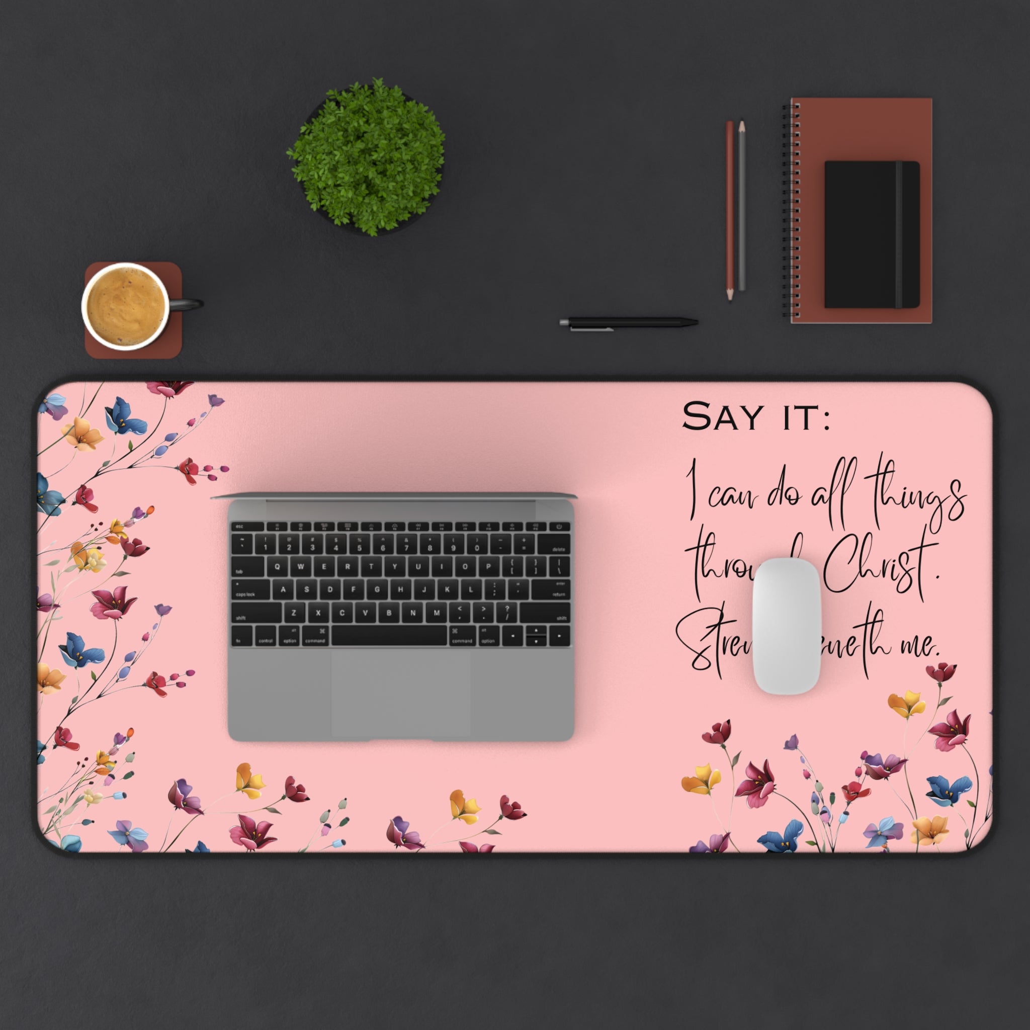 Inspirational Desk Mat — 'I Can Do All Things Through Christ' Pink Floral Mouse Pad