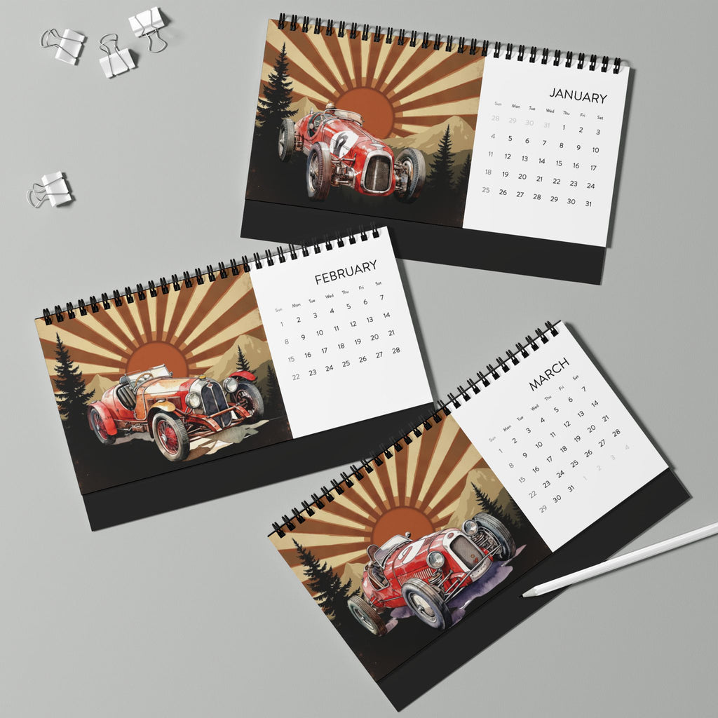 2026 Desktop Calendar, Desk Calendar with Vintage Racing Car Design, Gift for Car Lover