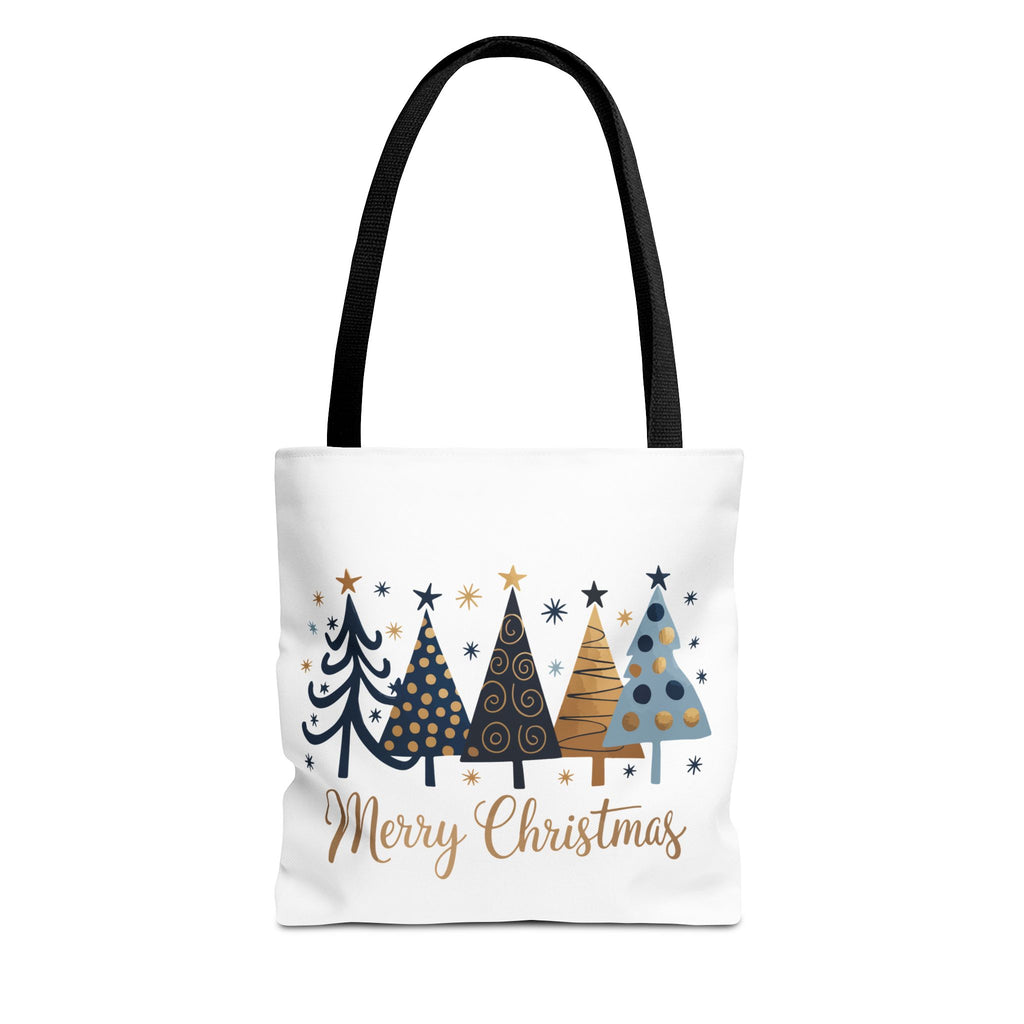 Merry Christmas Holiday Tote — Festive Blue & Gold Christmas Tree Tote Bag
