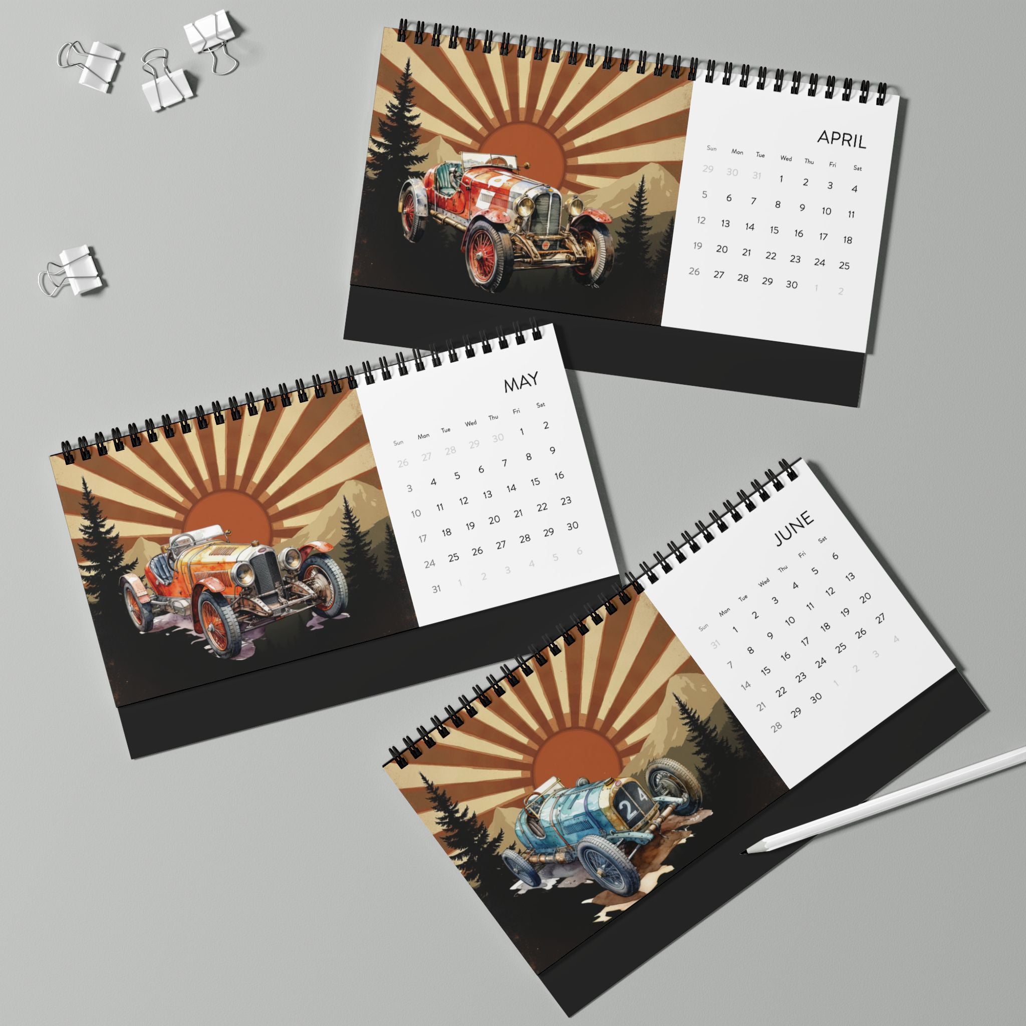 2026 Desktop Calendar, Desk Calendar with Vintage Racing Car Design, Gift for Car Lover