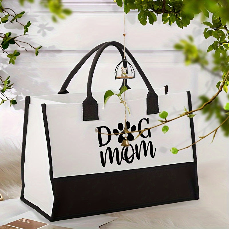 "Dog Mom" Canvas Tote Bag, Large  Fashion Handbag for Women, Monogrammed Beach Bag, Ideal Birthday Gift for Dog Lovers, Polyester, No Lining, Random Print, No Zipper, Washable