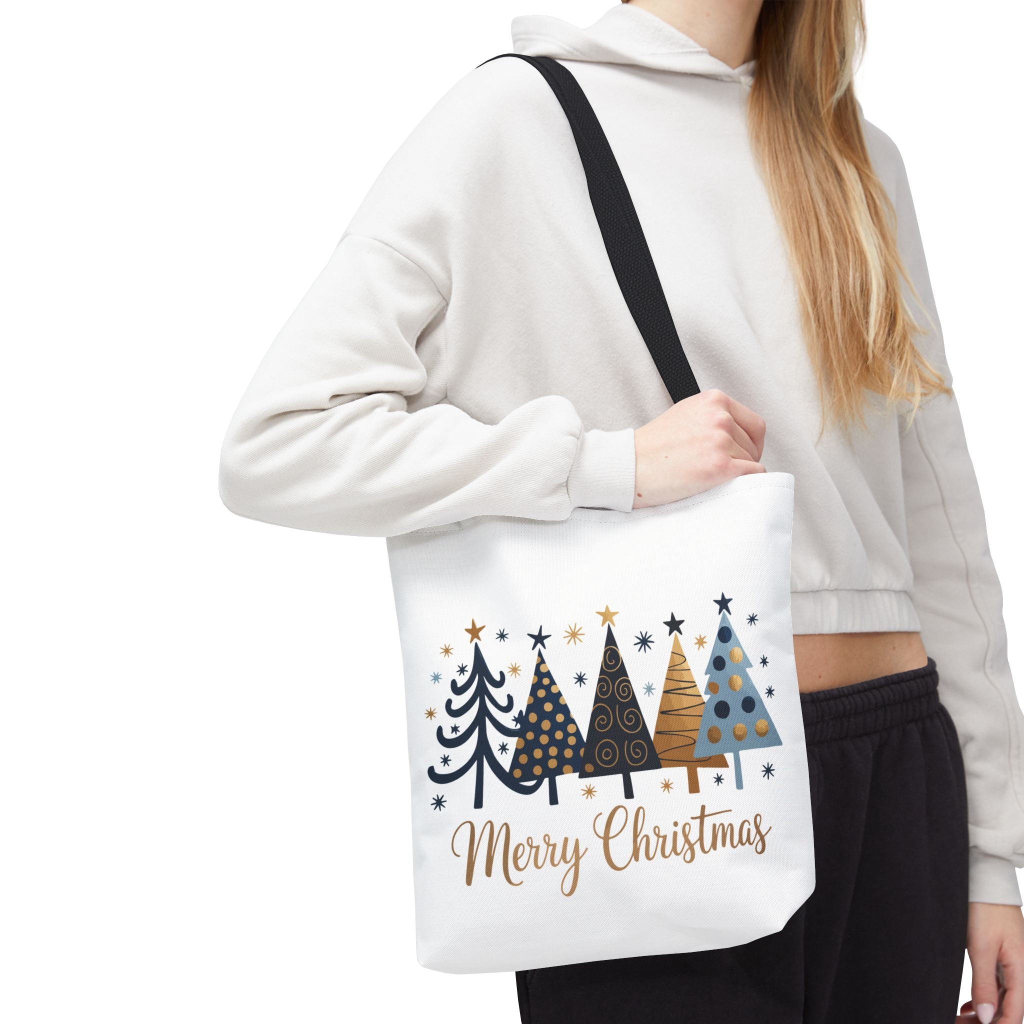 Merry Christmas Holiday Tote — Festive Blue & Gold Christmas Tree Tote Bag