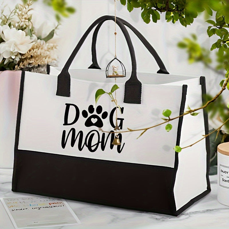 "Dog Mom" Canvas Tote Bag, Large  Fashion Handbag for Women, Monogrammed Beach Bag, Ideal Birthday Gift for Dog Lovers, Polyester, No Lining, Random Print, No Zipper, Washable